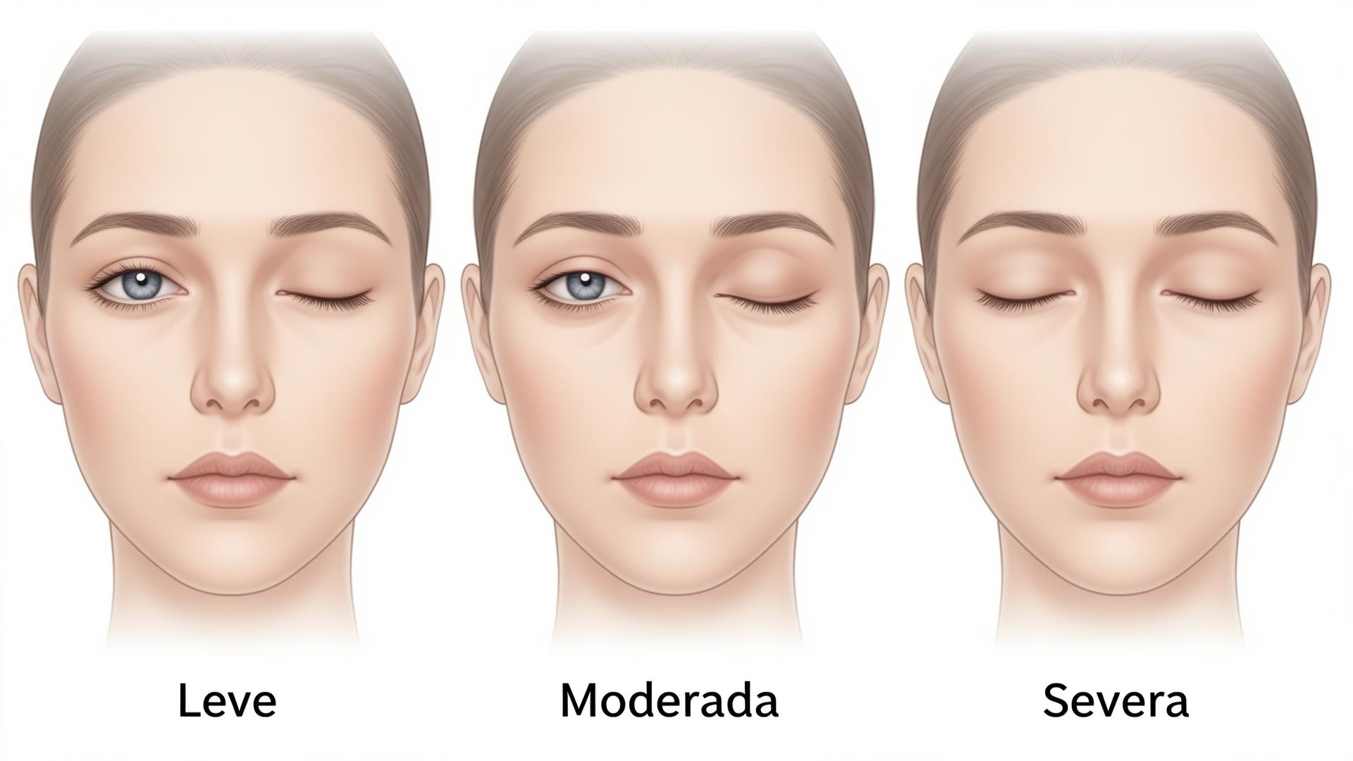 Comparación de tres grados de ptosis palpebral: leve, moderada y severa, característicos de la miastenia gravis